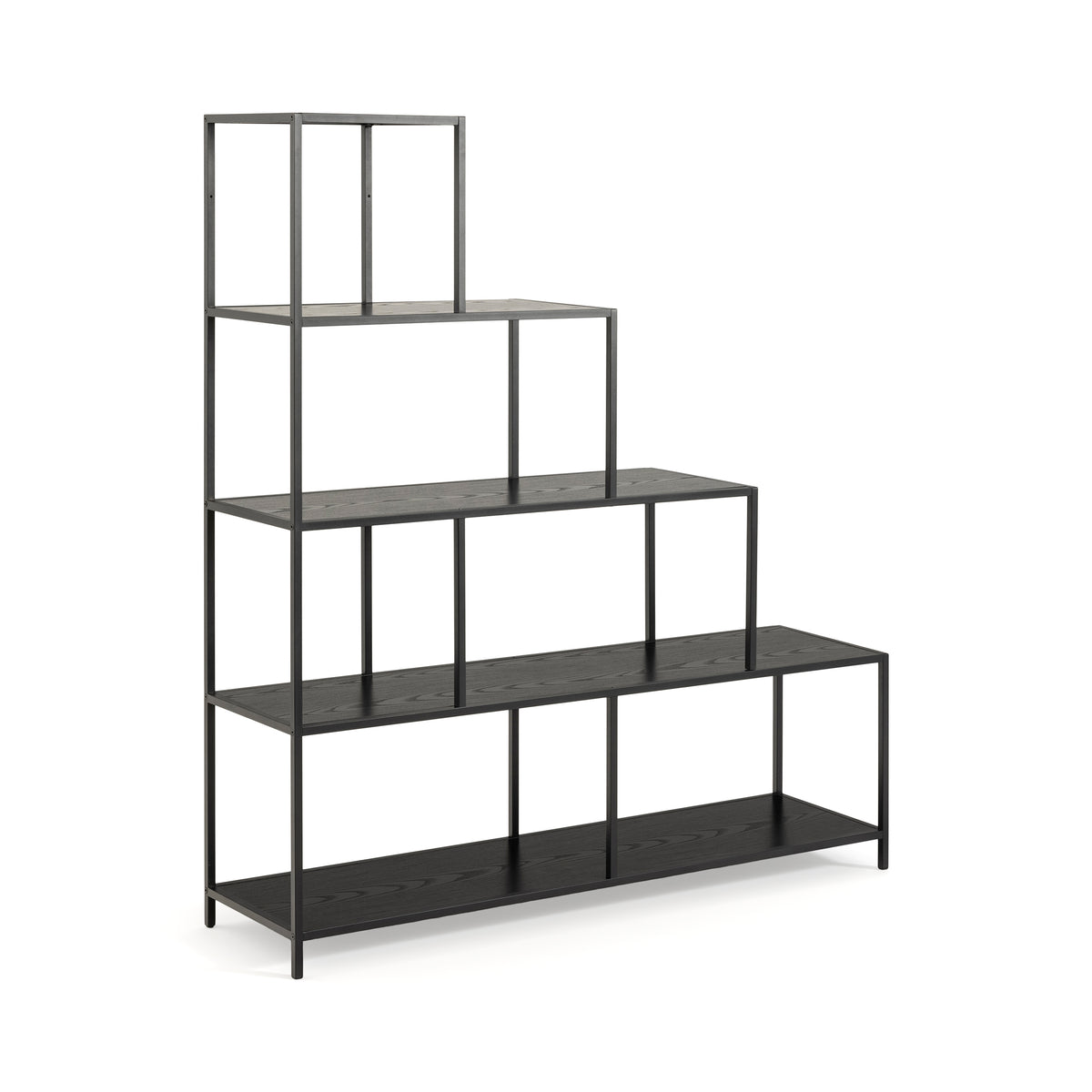 Skeleto Bookcase 135x150 Black Melamine, side view – black industrial-style stepped bookcase