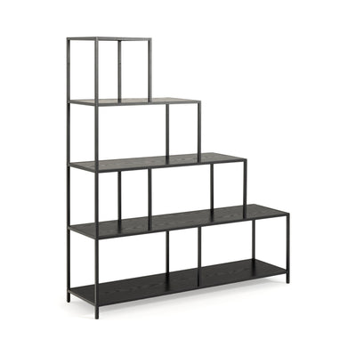 Skeleto Bookcase 135x150 Black Melamine, side view – black industrial-style stepped bookcase