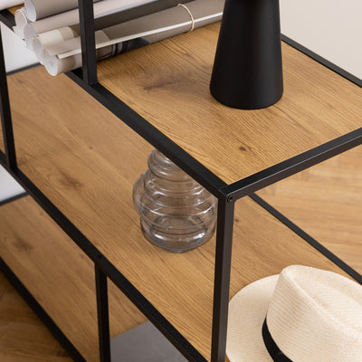 Skeleto 135x150 Wild Oak Bookcase – featuring a shelf with a black lamp and a glass vase, a bookcase for the living room