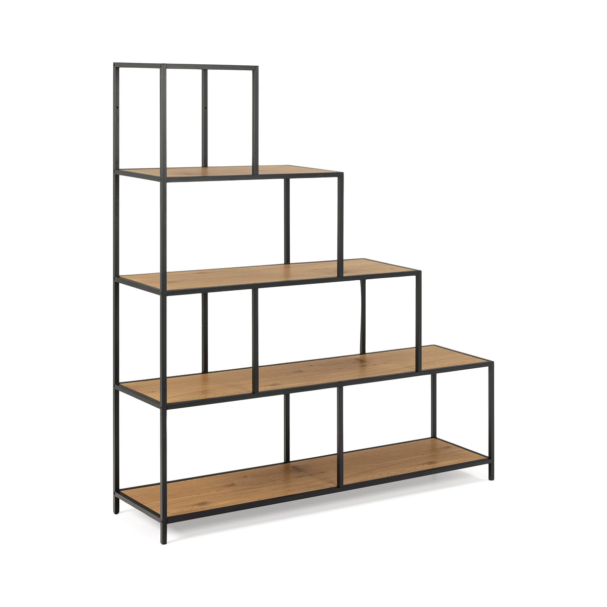 Skeleto 135x150 Wild Oak bookcase, side view – a stepped bookcase with oak-effect shelves on a black frame