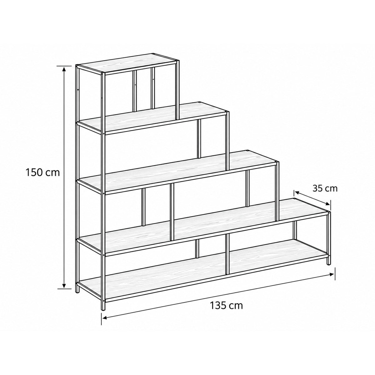Skeleto bookcase 135x150 – dimensional drawing showing width, height and depth