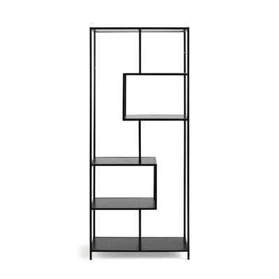 Skeleto bookcase 77x185, black melamine, front view – shelves in black ash