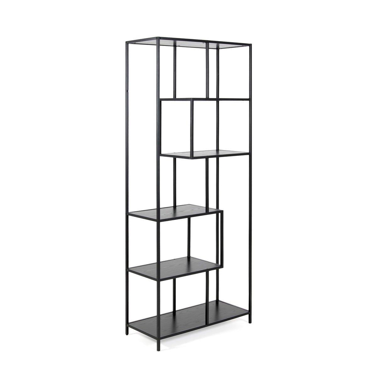 Skeleto Bookcase 77x185 Black Melamine, side view – a tall black bookcase with asymmetrical shelves