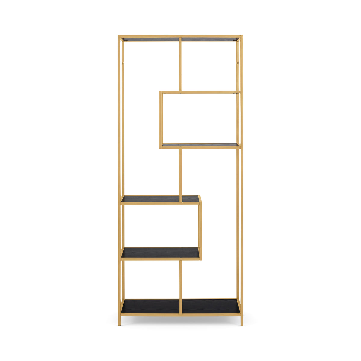 Skeleto bookcase 77x185, black melamine (gold frame), front view – gold steel frame and staggered shelves
