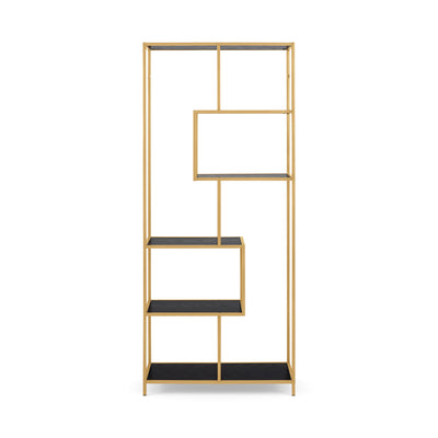 Skeleto bookcase 77x185, black melamine (gold frame), front view – gold steel frame and staggered shelves