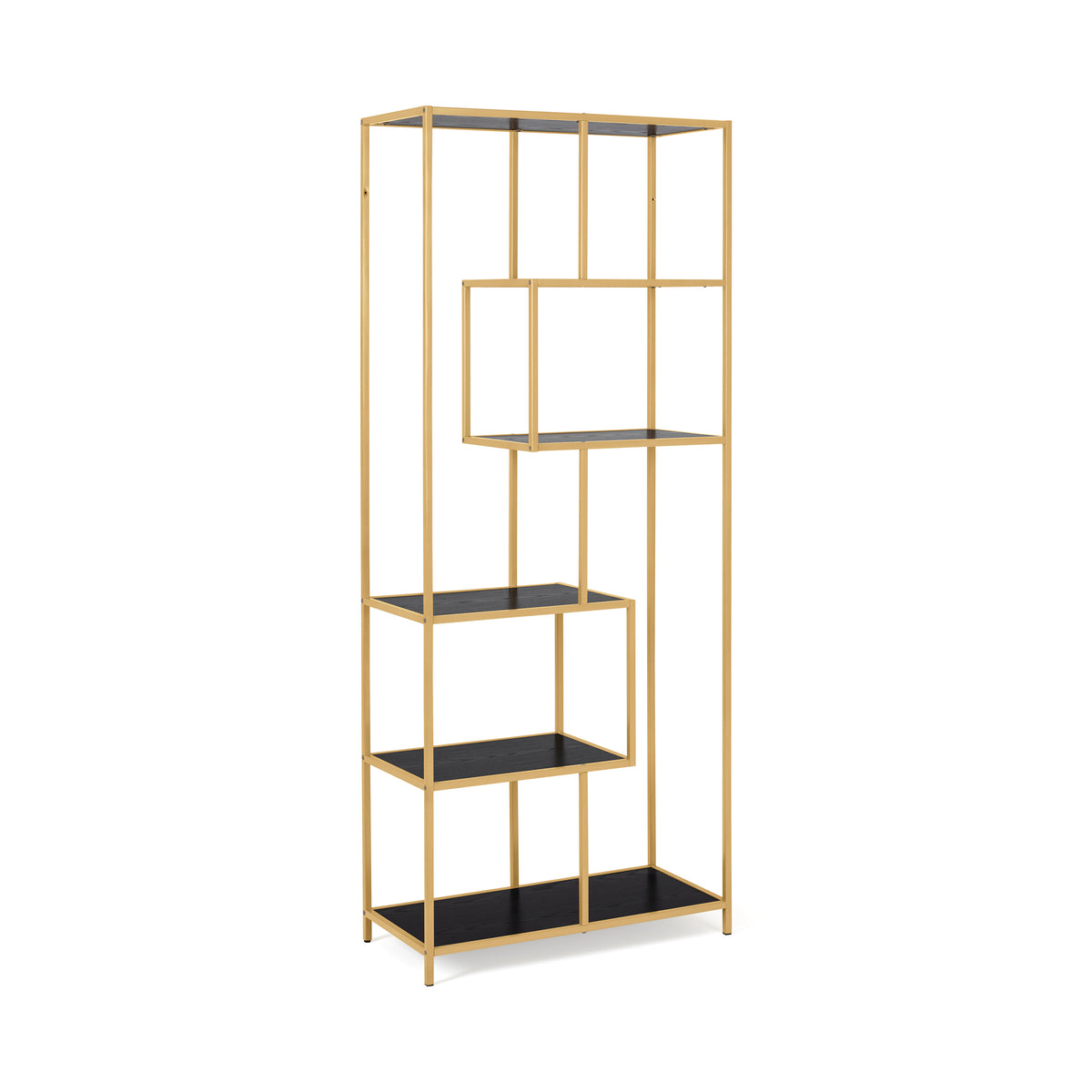 Skeleto bookcase 77x185, black melamine (gold frame), side view – a bookcase with a gold frame and black shelves