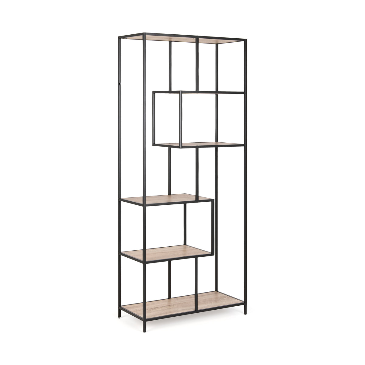 Skeleto bookcase 77x185, Sonoma Oak, side view – a tall bookcase with staggered shelves on a black steel frame