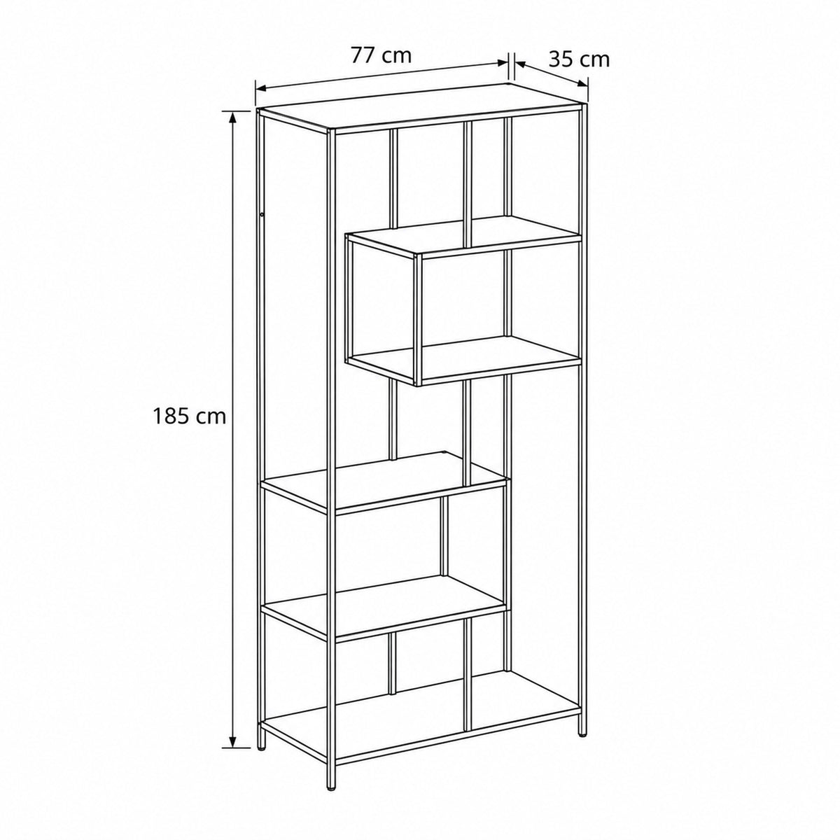 Skeleto bookcase 77x185 – dimensional drawing showing width, height and depth
