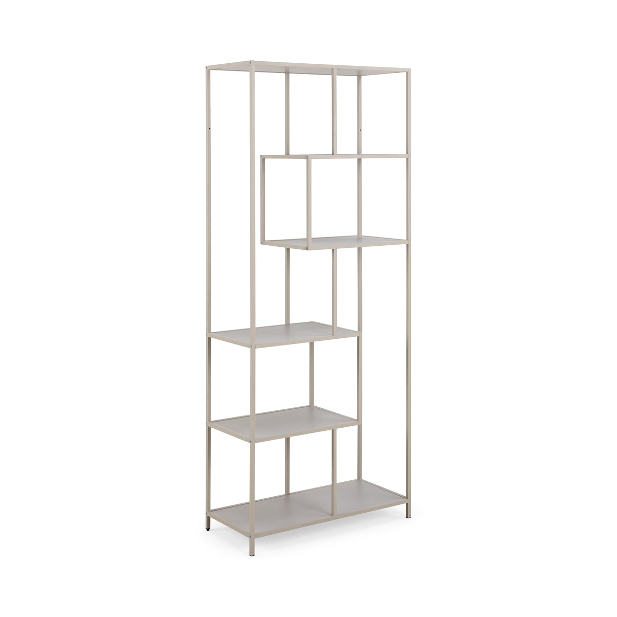 Skeleto bookcase 77x185, grey melamine, side view – a light-coloured bookcase on a grey frame