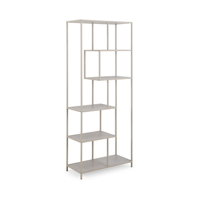 Skeleto bookcase 77x185, grey melamine, side view – a light-coloured bookcase on a grey frame
