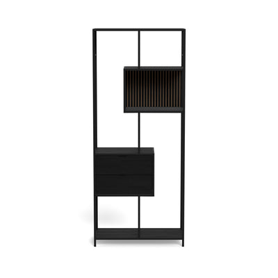Skeleto Bookcase 77x185 Black Melamine – front view, black loft-style bookcase with drawers