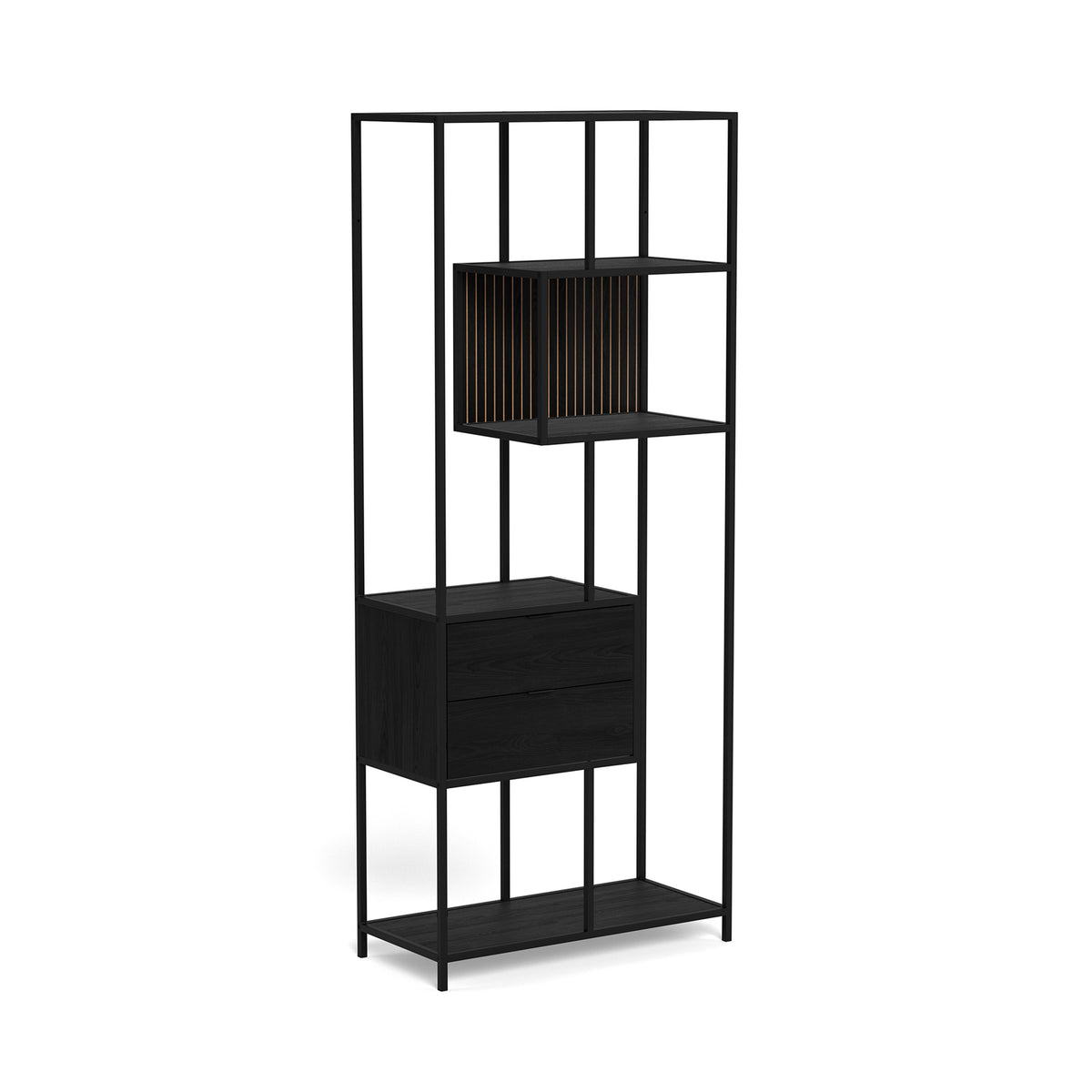 Skeleto Bookcase 77x185 Black Melamine – side view, compartment with slats and two black drawers