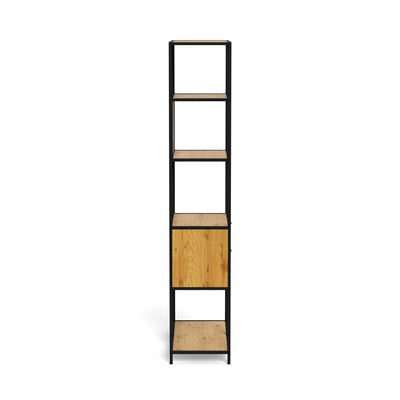 Skeleto 77x185 Wild Oak bookcase – side view of the oak-effect shelves and steel frame