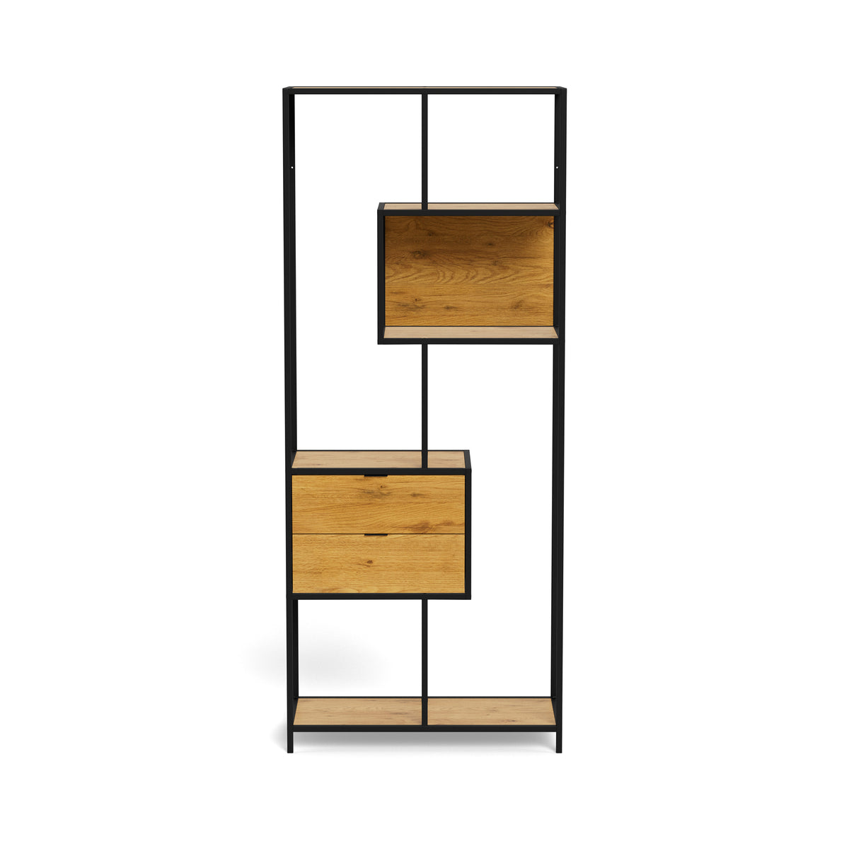 Skeleto 77x185 Wild Oak bookcase – front view showing the asymmetrical layout of the recess and the drawer unit