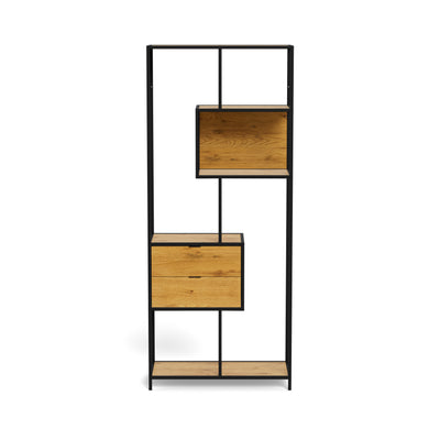 Skeleto 77x185 Wild Oak bookcase – front view showing the asymmetrical layout of the recess and the drawer unit