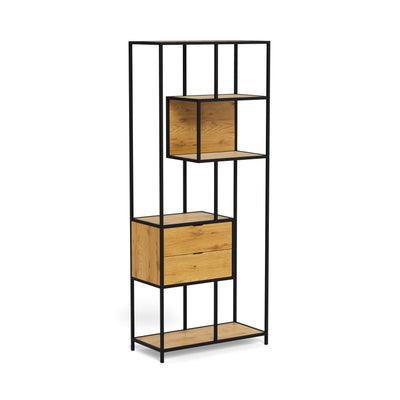 Skeleto 77x185 Wild Oak bookcase – a side view of the black frame, the recess and two drawers; a bookcase with drawers