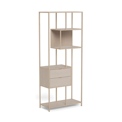 Skeleto Bookcase 77x185 Grey Melamine – an oblique view of the light-coloured frame, the compartment and the two drawers