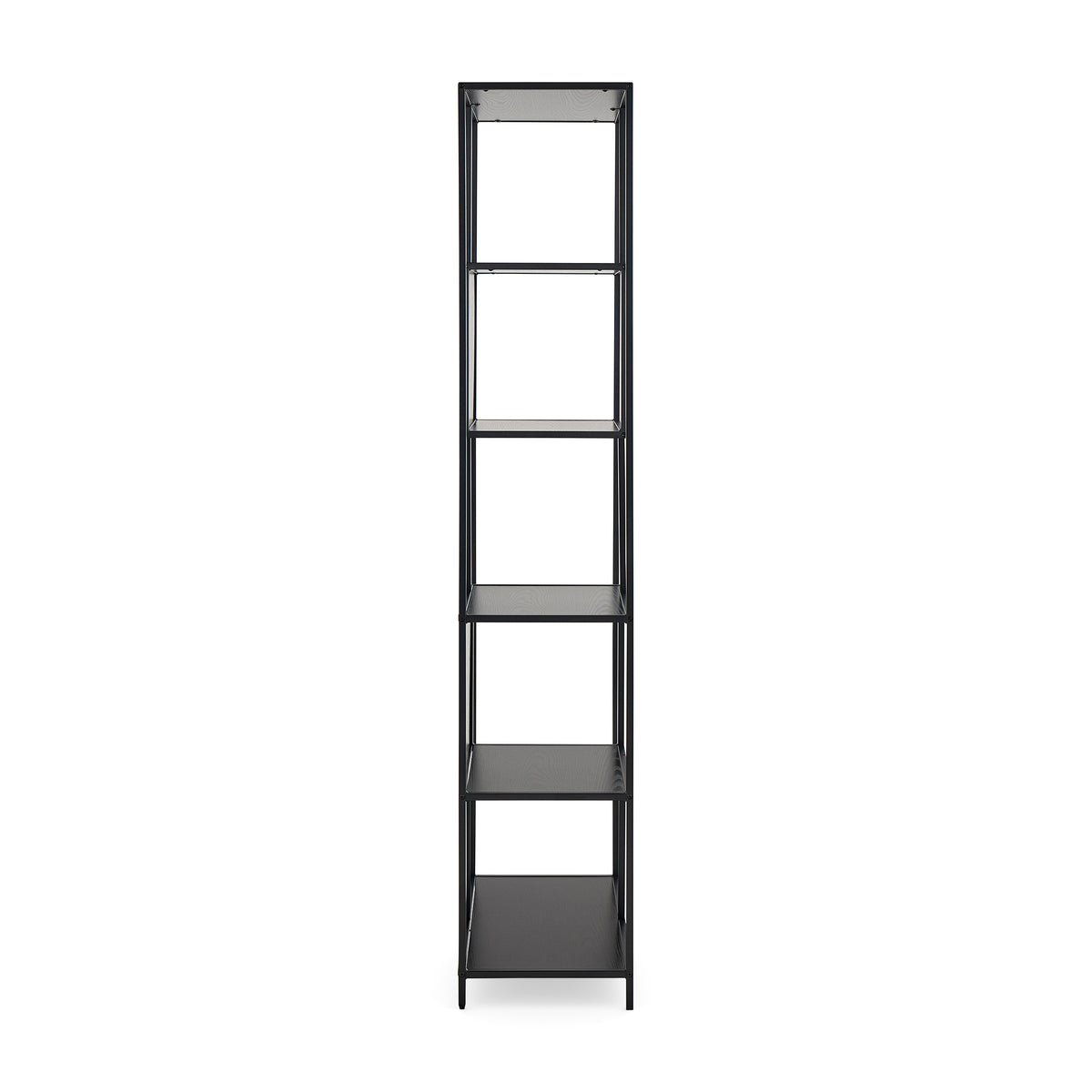 Skeleto Bookcase 77x185 Black Melamine – side view, slim 35 cm profile and steel legs