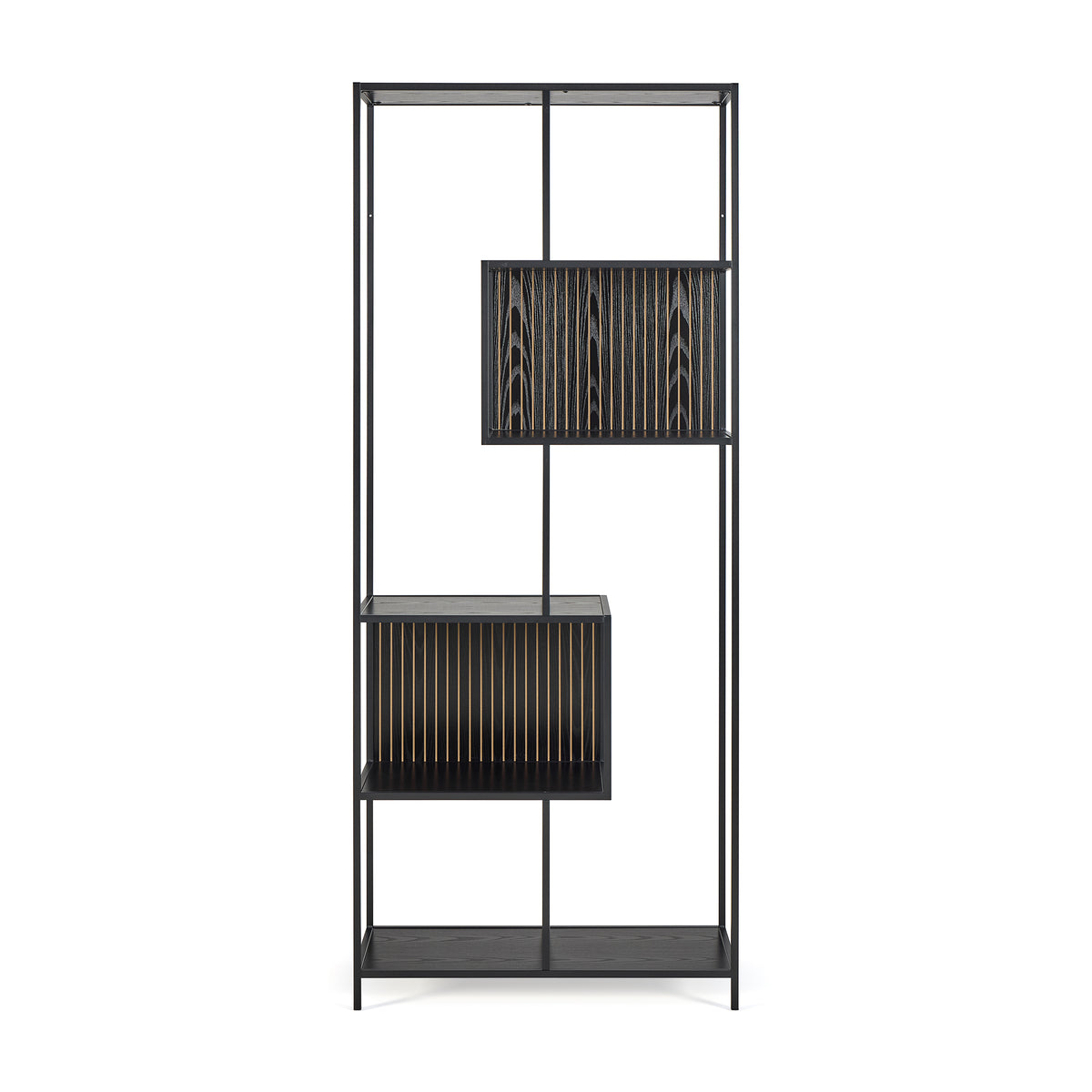 Skeleto Bookcase 77x185 Black Melamine – front view showing five shelves and offset compartments with a slatted back