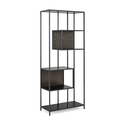 Skeleto Bookcase 77x185 Black Melamine – an oblique view of the steel frame and two asymmetrical compartments; a bookcase