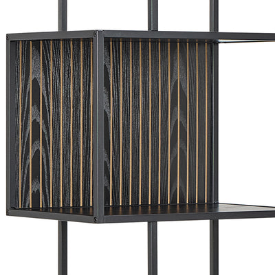 Skeleto Bookcase 77x185 Black Melamine – close-up of the recess with vertical slats in a black ash finish