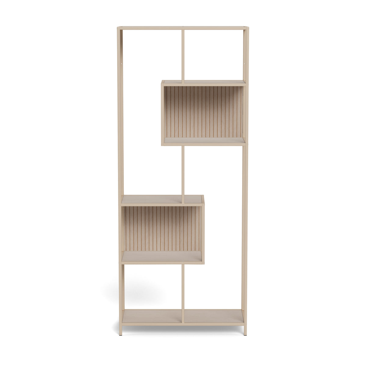 Skeleto Bookcase 77x185 Grey Melamine – front view showing open shelves and asymmetrical recesses
