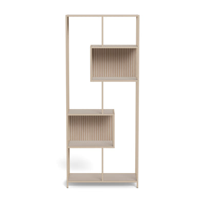 Skeleto Bookcase 77x185 Grey Melamine – front view showing open shelves and asymmetrical recesses