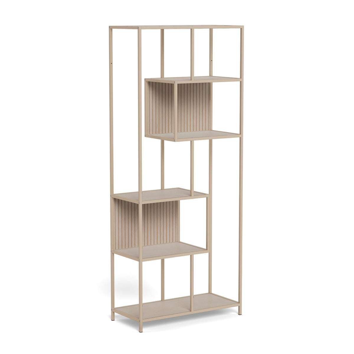 Skeleto Bookcase 77x185 Grey Melamine – side view, a light-coloured bookcase with a steel frame and two compartments