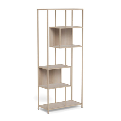 Skeleto Bookcase 77x185 Grey Melamine – side view, a light-coloured bookcase with a steel frame and two compartments