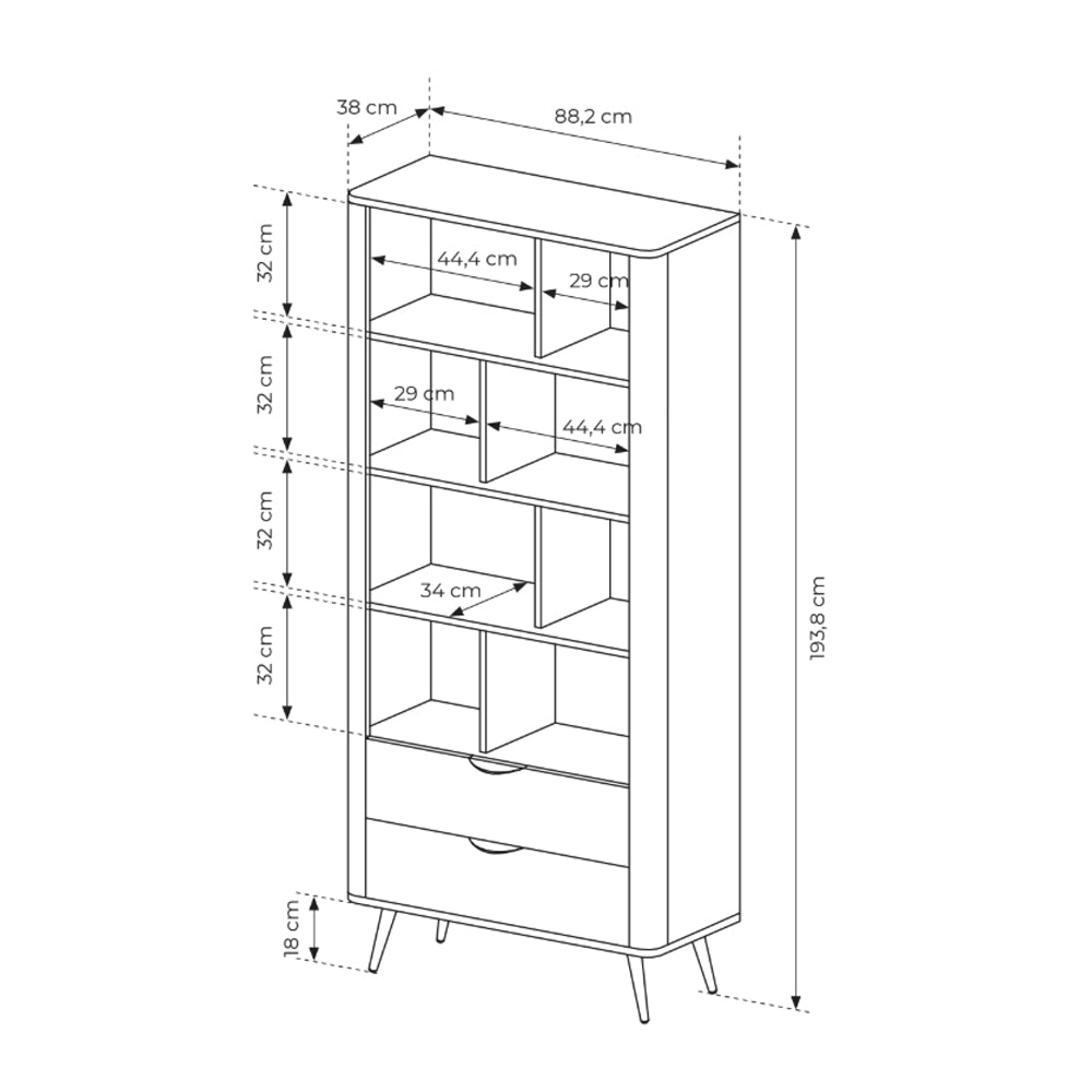 Regał 88x194 z otwartymi półkami i szufladami w stylu soft loft | Velia