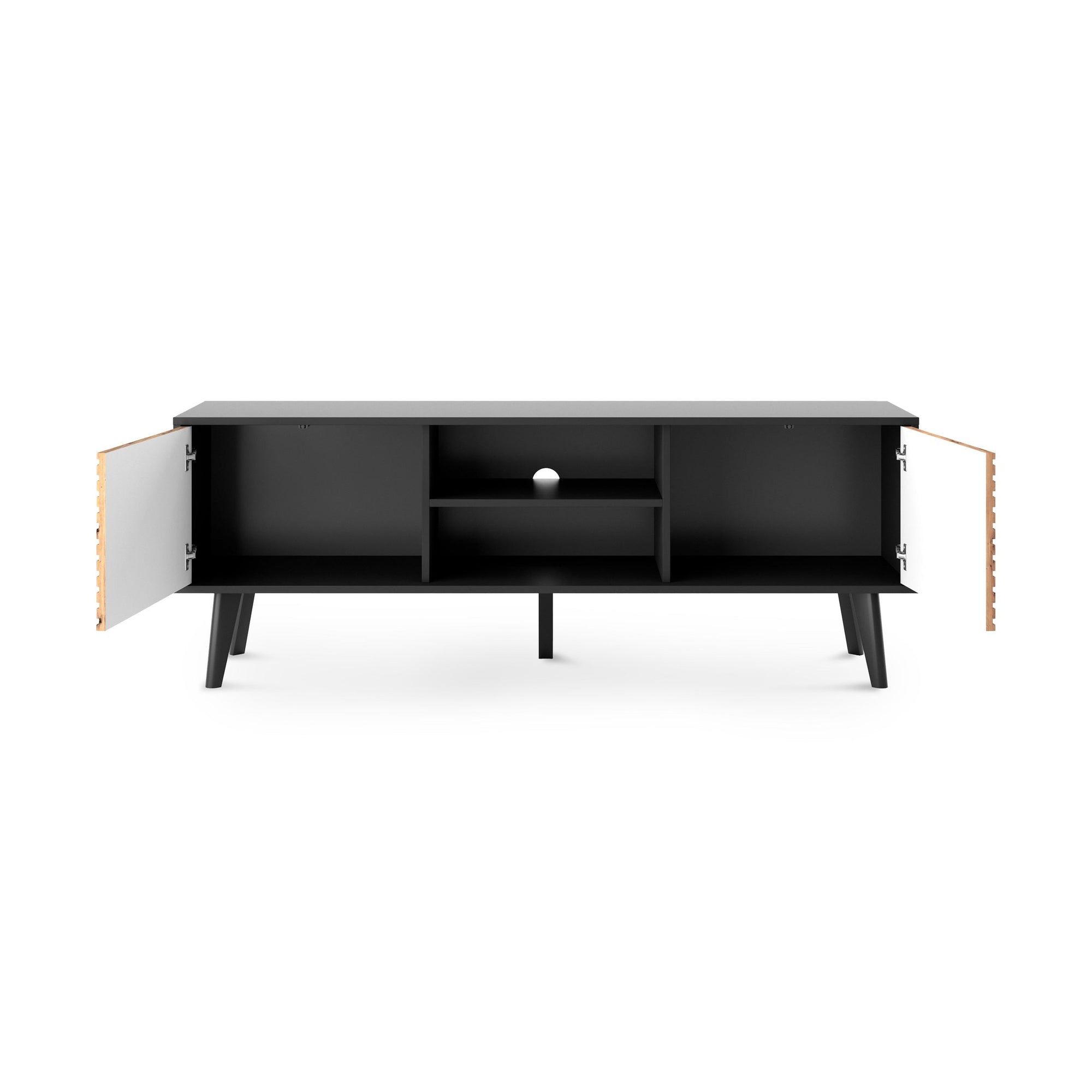 Szafka RTV 154x56 w stylu loft - ryflowane fronty, dąb artisan, czarne akcenty | Las