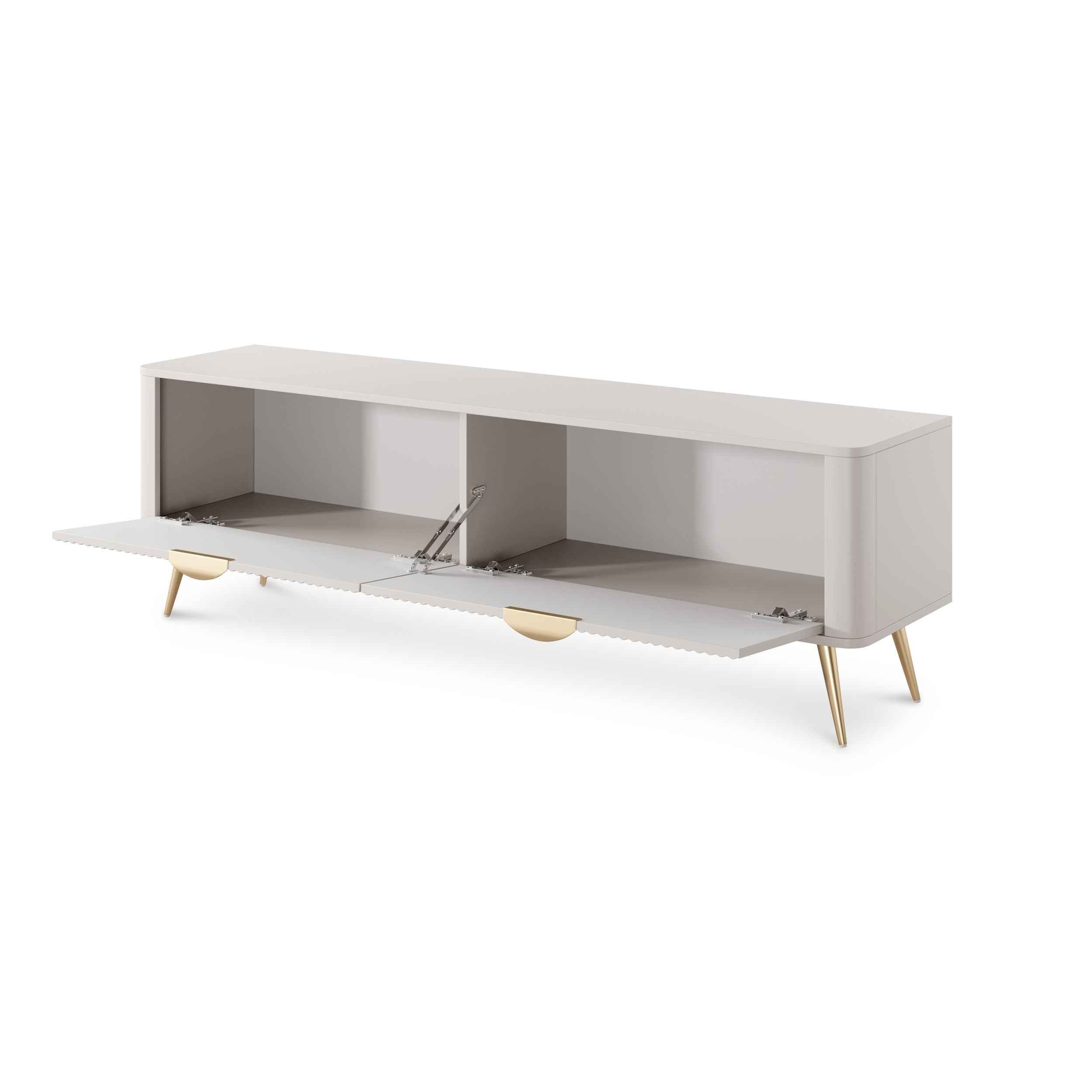 Szafka RTV 163x51 w stylu nowoczesnym - ryflowane fronty MDF, metalowe nogi, dwie szuflady | Laanti