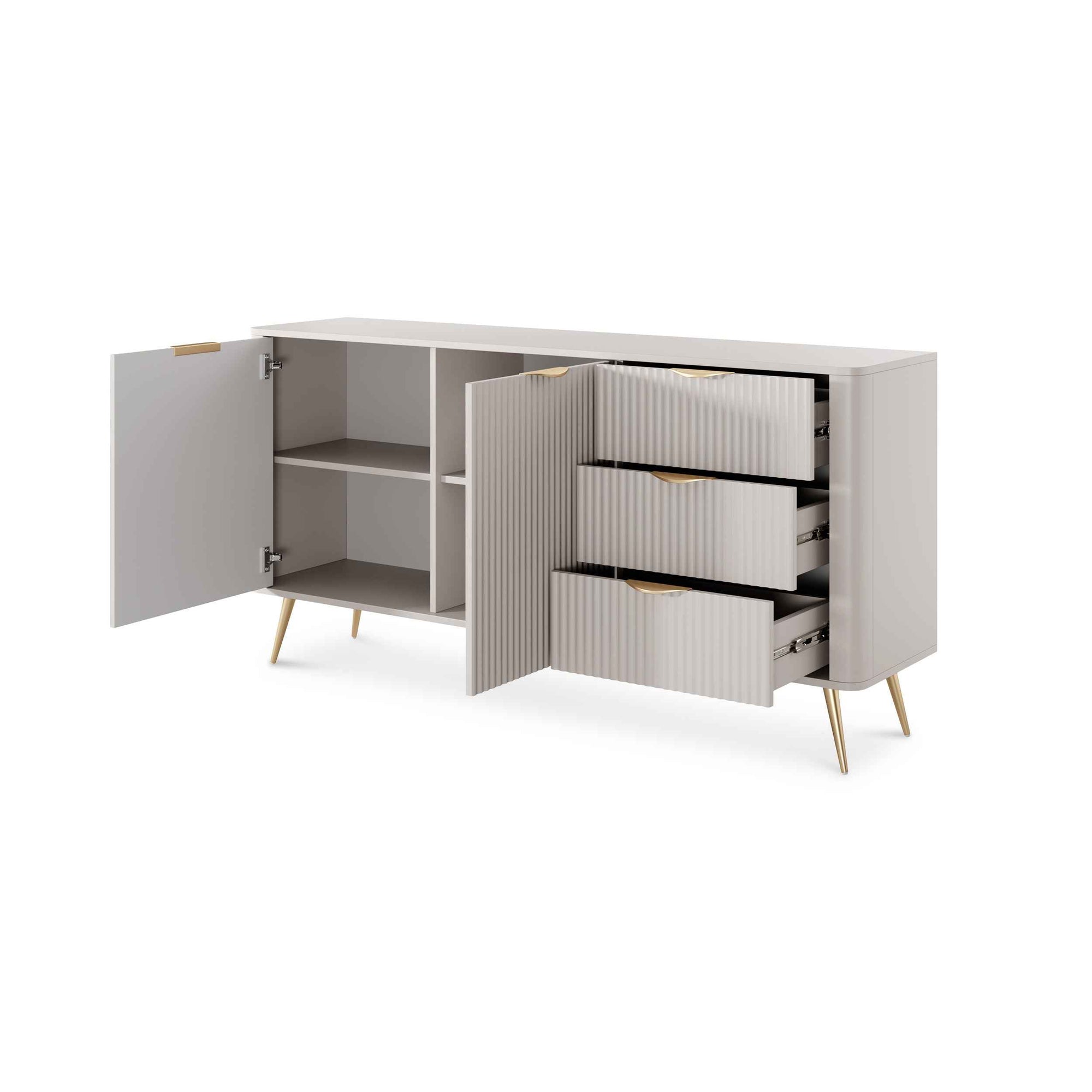 Komoda 163x81 z szufladami i drzwiami w stylu eleganckim - zaoblone krawędzie, pełen wysuw, metalowe nogi | Laanti