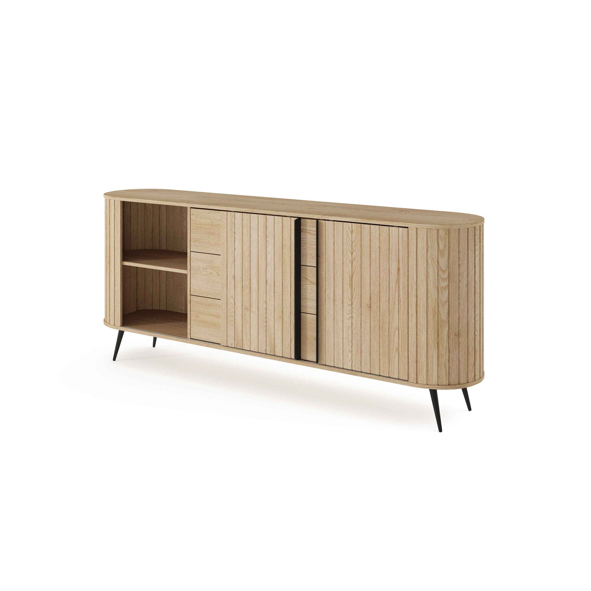 Komoda z drzwiami przesuwnymi i szufladami 196x82 w stylu nowoczesnym - zaoblone boki, push-to-open, ryflowane fronty | Llovia