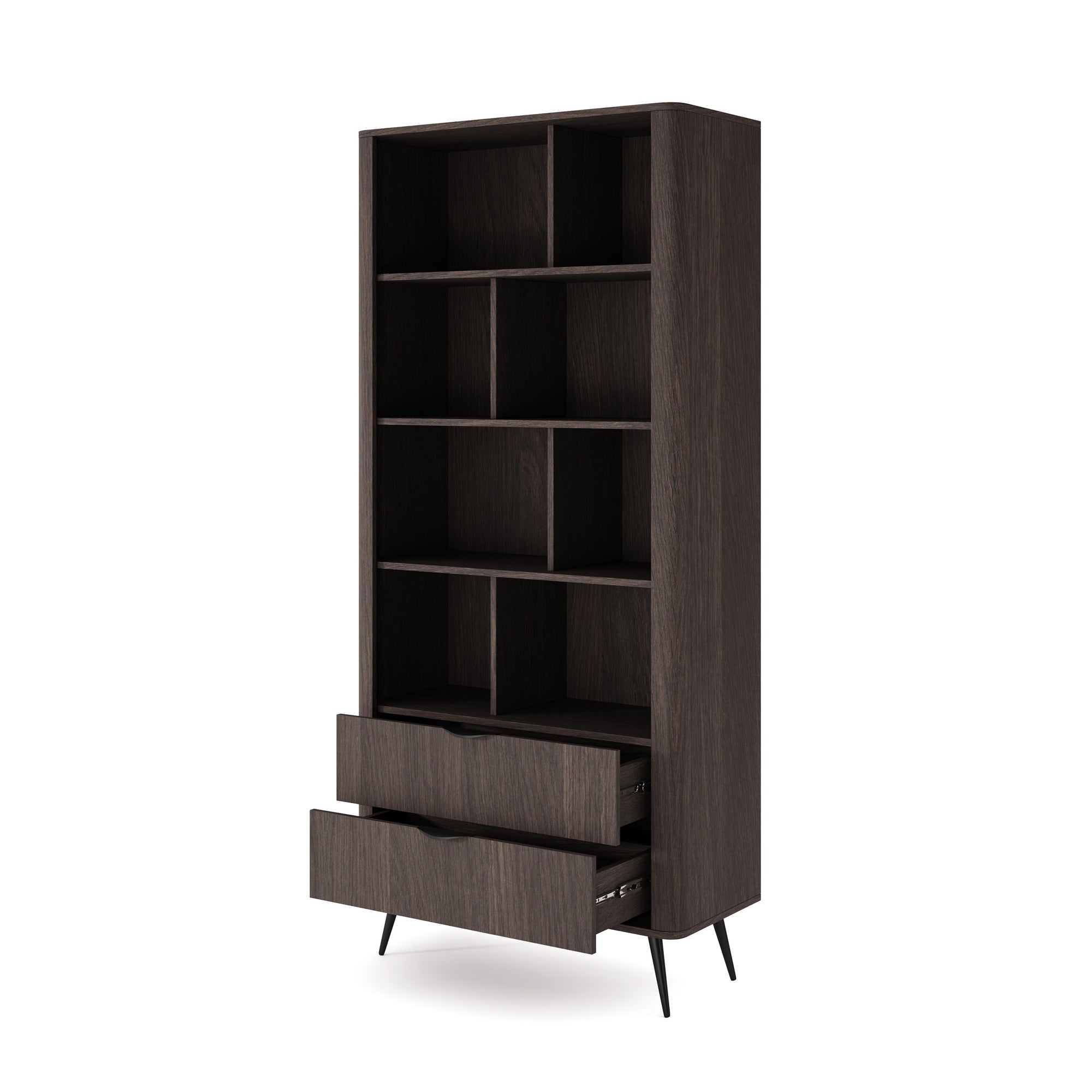 Regał 88x194 z otwartymi półkami i szufladami w stylu soft loft - dąb dunin, czarne uchwyty, ryflowany detal | Velia