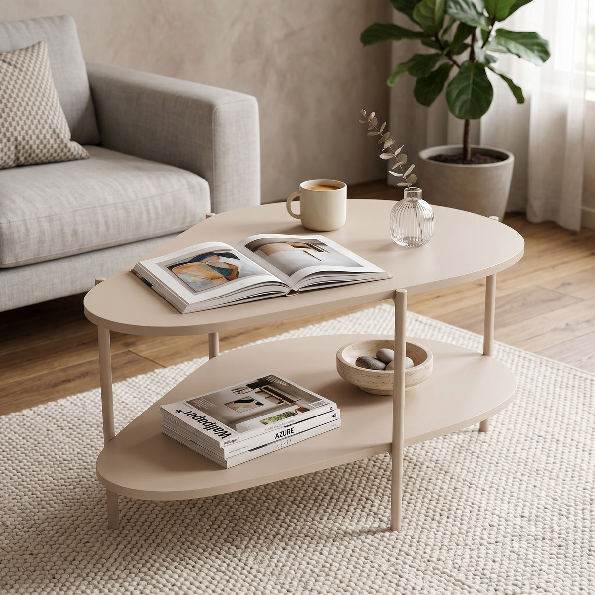 EKLIPSO coffee table 90x45 with an organic shape in a modern style, colour Cashmere – in an interior setting | Pillovely