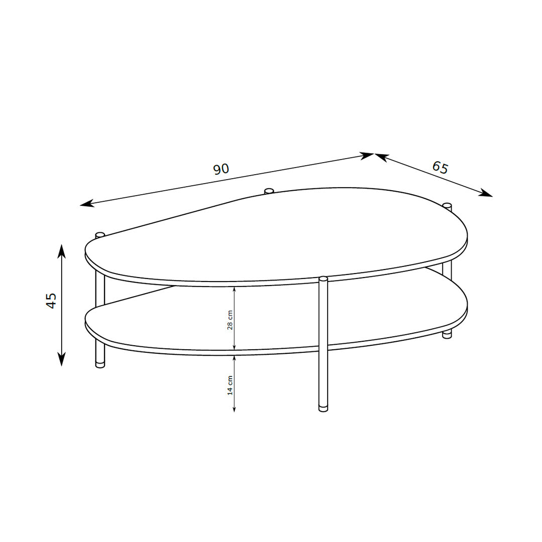 EKLIPSO coffee table 90x45 with an organic shape in a modern style – dimension drawing | Pillovely
