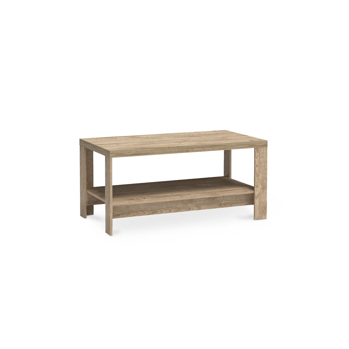 Korin coffee table 120x57 in oak – rectangular coffee table with a lower shelf, angled view