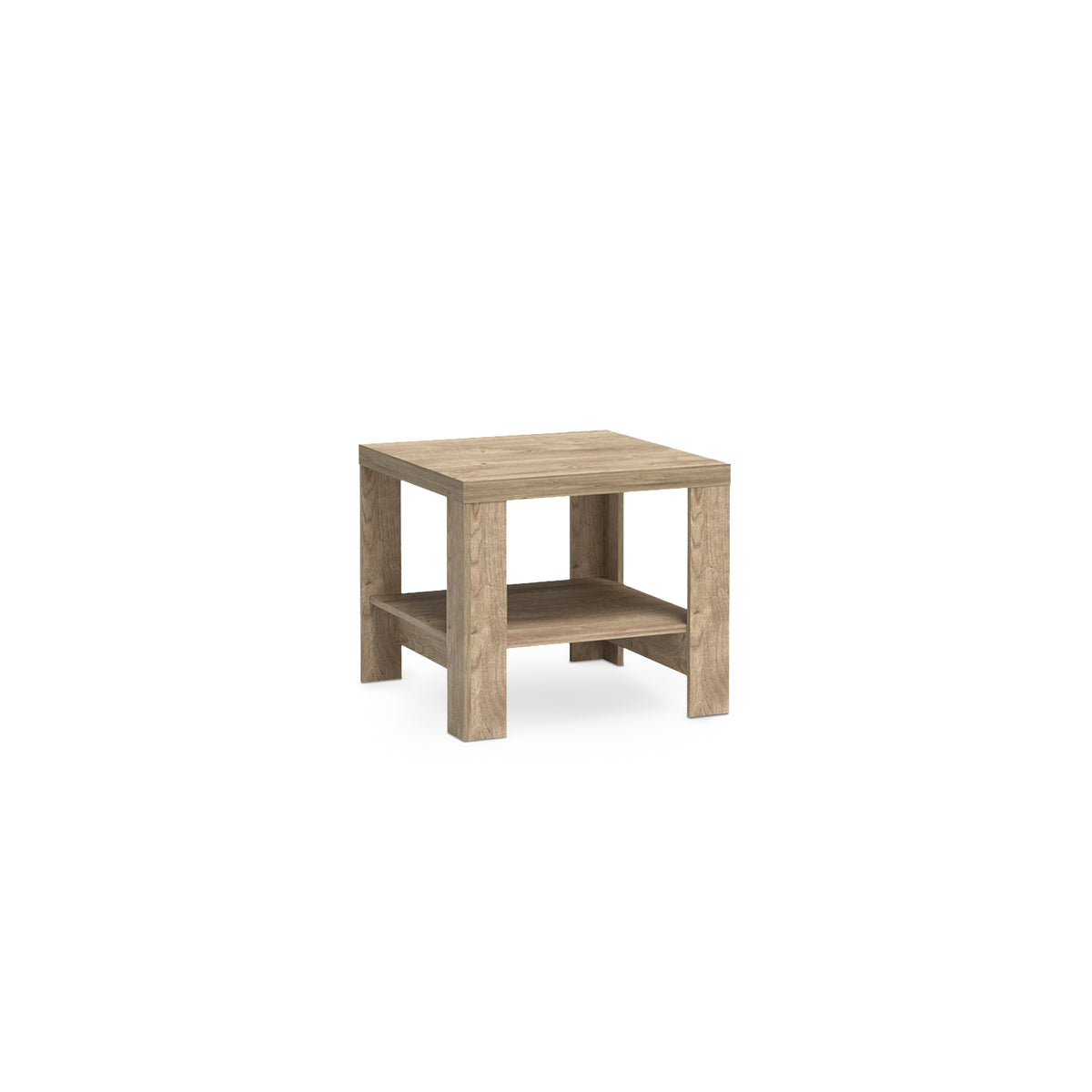 Korin coffee table 65x57 in oak – square coffee table with a lower shelf on four legs, angled view