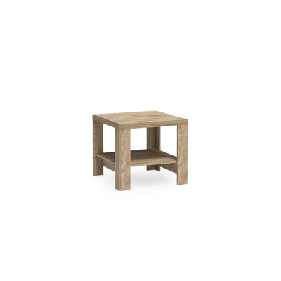 Korin coffee table 65x57 in oak – square coffee table with a lower shelf on four legs, angled view