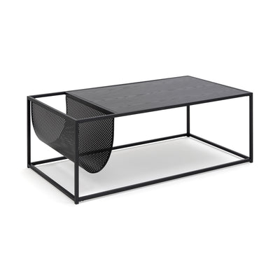 Skeleto coffee table 110x60 with a black ash-effect top, viewed from an angle – a living room table with a magazine pocket