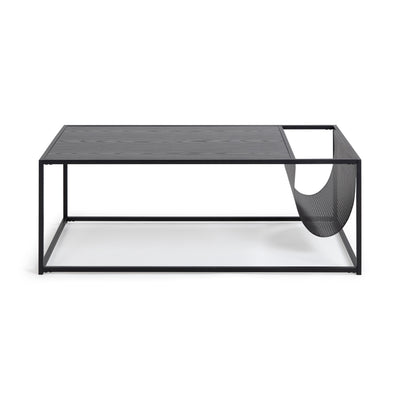 Skeleto coffee table 110x60, front view – black steel frame and perforated magazine holder