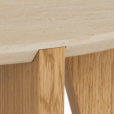 Tendra coffee table Ø80x45 – detail of the tabletop edge in travertine colour and the connection to the leg