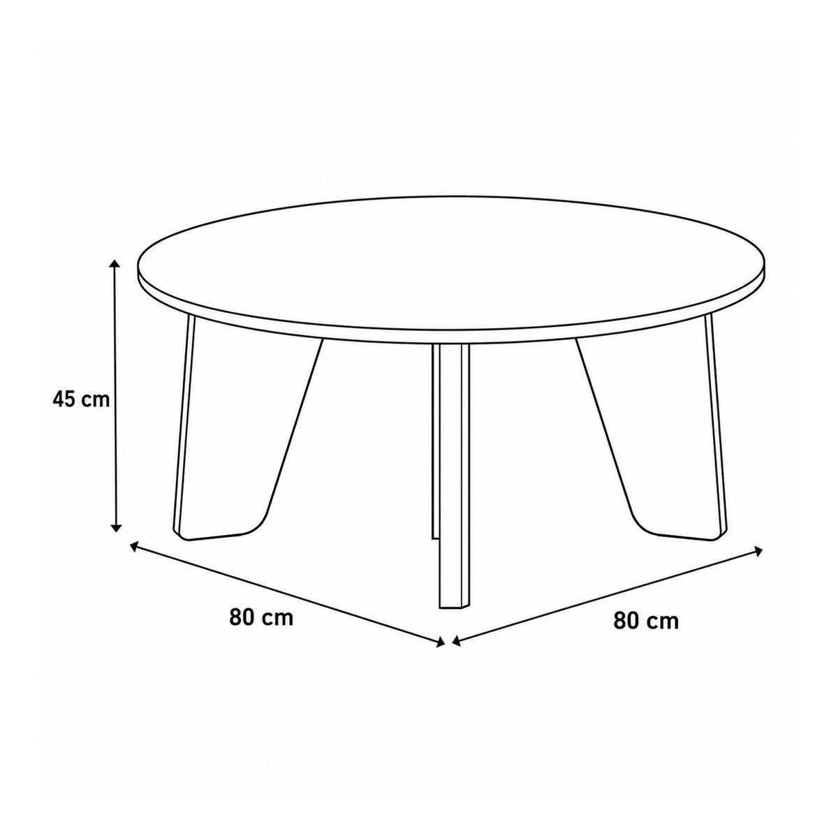 Tendra coffee table Ø80x45 – dimensional drawing showing the width, depth and height of the round table