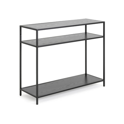 Skeleto console table 100x79, black melamine with bevelled edges – top and two shelves in a black ash finish