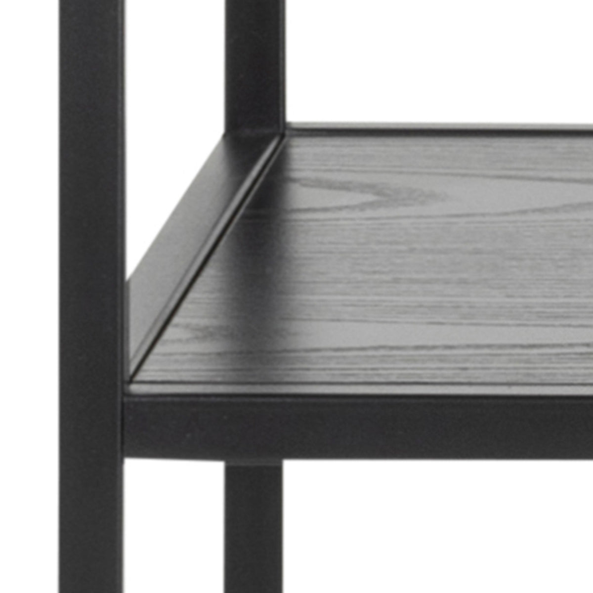 Skeleto console table 100x79, black melamine – close-up of the shelf with a black ash grain pattern