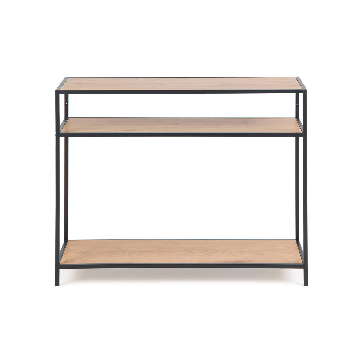 Skeleto console table 100x79 Wild Oak, front view – three levels: top, middle shelf and bottom shelf