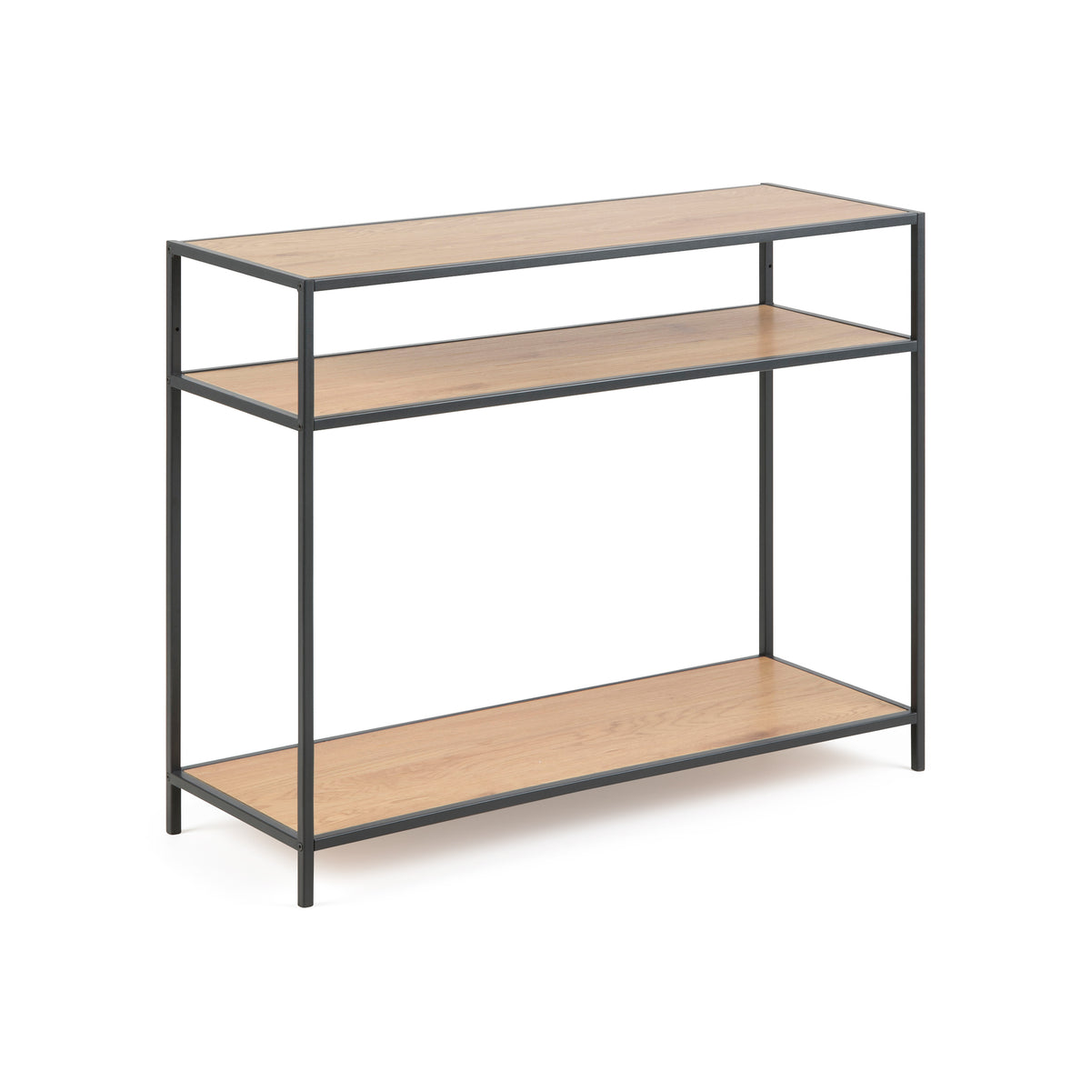 Skeleto console table 100x79, Wild Oak with bevelled edges – top and two shelves in an oak finish, black steel frame