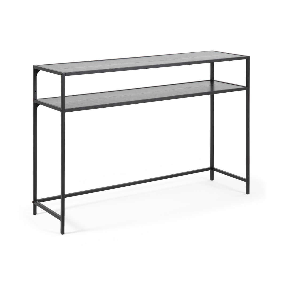 Skeleto console table 120x79, black melamine with bevelled edges – top and shelf in black ash finish