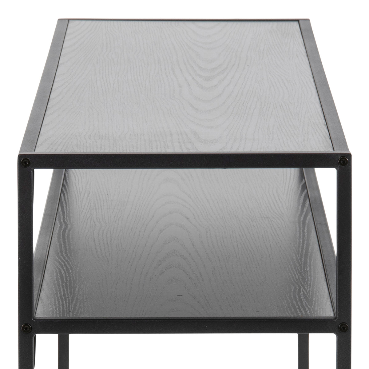 Skeleto Console Table 120x79 Black Melamine – a close-up of the grain of black ash within the steel frame